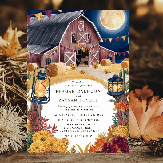 Rustic Barn Navy Blue Nighttime Herfst Huwelijk Kaart
