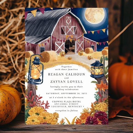 Rustic Barn Navy Blue Nighttime Herfst Huwelijk Kaart