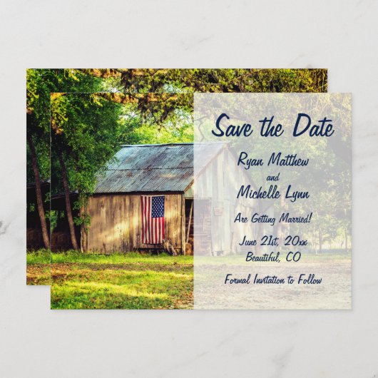 Rustic Barn Patriottic American Flag Save the Date Kaart (Voorkant / Achterkant)