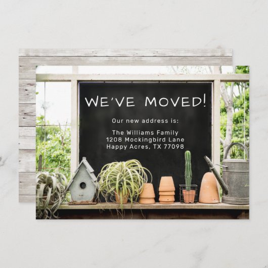 Rustic Barn Potting Shed We hebben ons verplaatst Aankondiging (Voorkant / Achterkant)