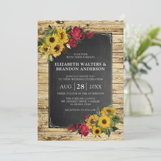 Rustic Barn Sunflower & Rozen Wedding Kaart (Staand voorkant)