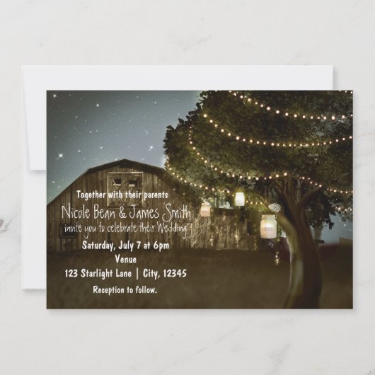 Rustic Barn & Tree Lights Wedding Invitations Kaart (Voorkant)