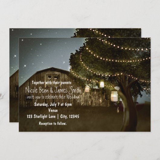 Rustic Barn & Tree Lights Wedding Invitations Kaart (Voorkant / Achterkant)