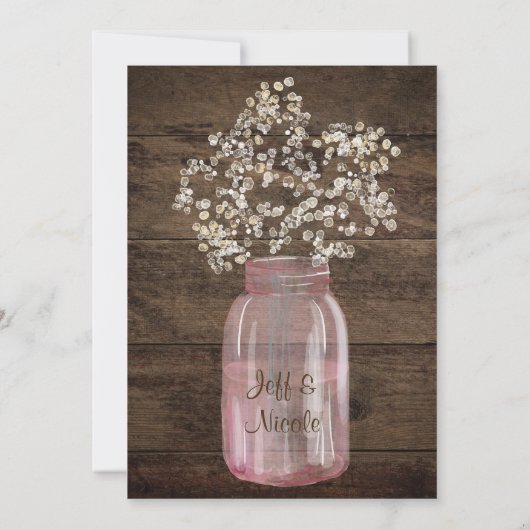 Rustic Barn Wedding Pink Mason Jar Babys Breath Kaart (Achterkant)