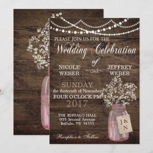 Rustic Barn Wedding Pink Mason Jar Babys Breath Kaart (Voorkant / Achterkant)