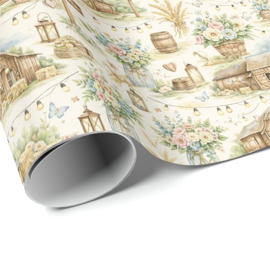 Rustic Barn Wedding Watercolor Pattern Cadeaupapier (Rol Hoek)