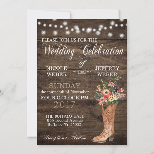Rustic Barn Wedding Wood Cowboy Boots Kaart (Voorkant)