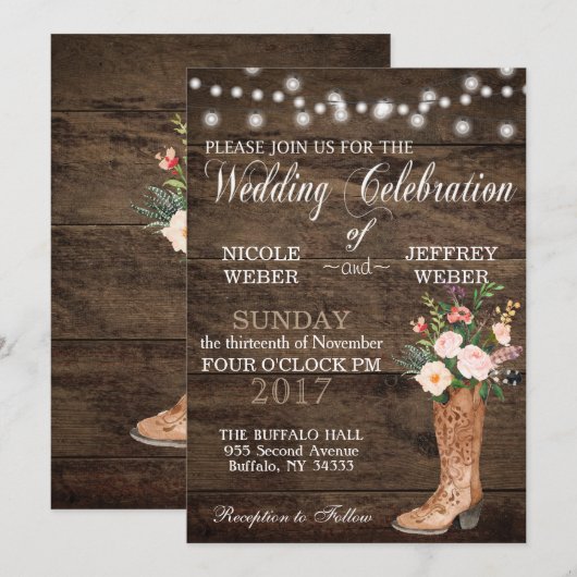 Rustic Barn Wedding Wood Cowboy Boots Kaart (Voorkant / Achterkant)