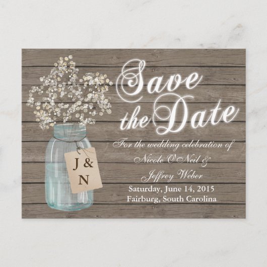 Rustic Barn Wedding Wood Mason Jar Babys Aankondigingskaart (Voorkant)