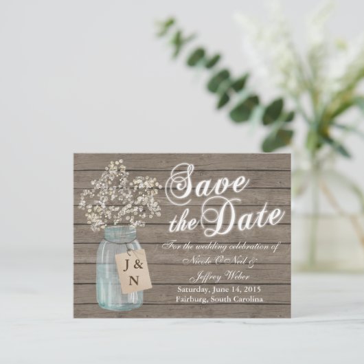 Rustic Barn Wedding Wood Mason Jar Babys Aankondigingskaart (Staand voorkant)