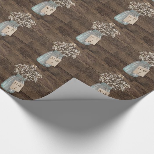 Rustic Barn Wedding Wood Mason Jar Babys Breath Cadeaupapier (Hoek)