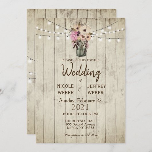 Rustic Barn Wedding Wood Mason Jar Kaart (Voorkant / Achterkant)