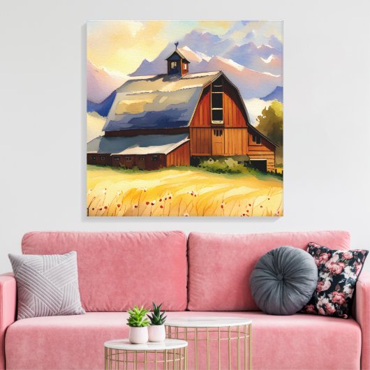 Rustic Barn Wheat Field & Mountains Waterverf Canvas Afdruk (Insitu (Woonkamer))