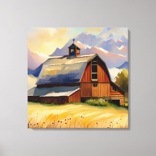 Rustic Barn Wheat Field & Mountains Waterverf Canvas Afdruk