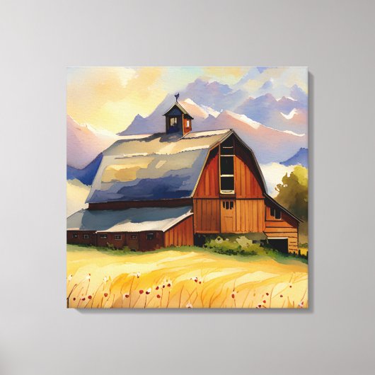 Rustic Barn Wheat Field & Mountains Waterverf Canvas Afdruk (Voorkant)
