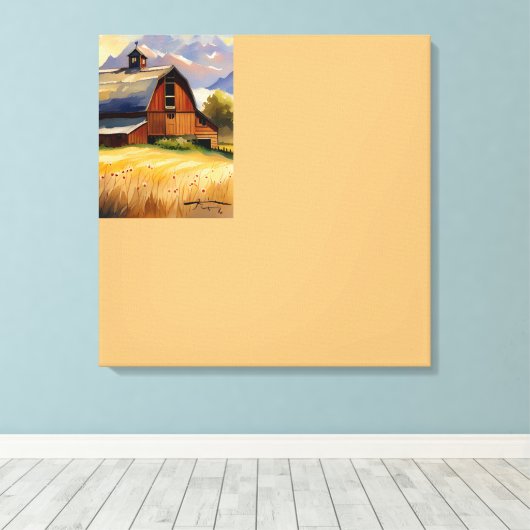 Rustic Barn Wheat Field & Mountains Waterverf Canvas Afdruk (Insitu (Houten vloer))