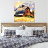 Rustic Barn Wheat Field & Mountains Waterverf Canvas Afdruk (Insitu (Slaapkamer))