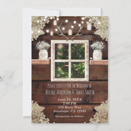Rustic Barn Window Tree & Mason Jar Invitations Kaart (Voorkant)
