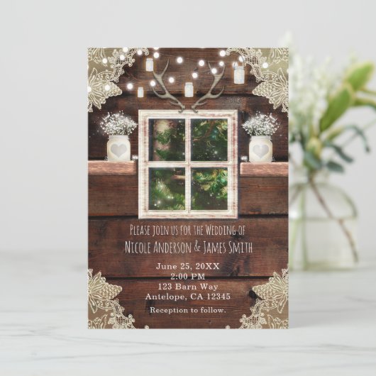 Rustic Barn Window Tree & Mason Jar Invitations Kaart (Staand voorkant)