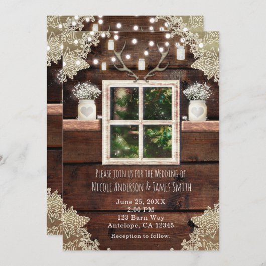Rustic Barn Window Tree & Mason Jar Invitations Kaart (Voorkant / Achterkant)