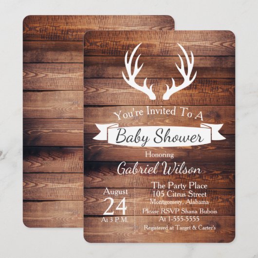 Rustic Barn Wood Antlers White Ribbon Baby shower Kaart (Voorkant / Achterkant)