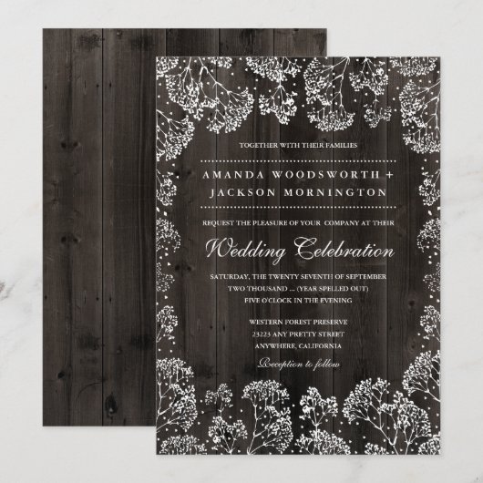 Rustic Barn Wood Baby's Breath Wedding Invitations Kaart (Voorkant / Achterkant)