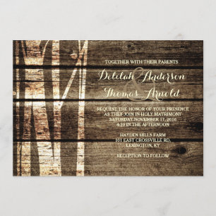 Rustic Barn Wood Birch Trees Winter Wedding Invite Kaart