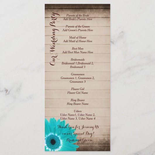 Rustic Barn Wood Blauwgroen Daisy Wedding Programs Programmakaart (Achterkant)