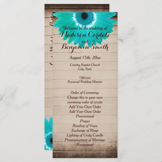 Rustic Barn Wood Blauwgroen Daisy Wedding Programs Programmakaart (Voorkant / Achterkant)