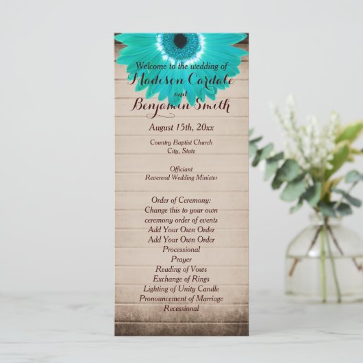 Rustic Barn Wood Blauwgroen Daisy Wedding Programs Programmakaart (Staand voorkant)