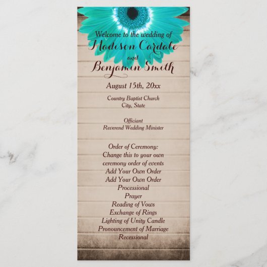 Rustic Barn Wood Blauwgroen Daisy Wedding Programs Programmakaart (Voorkant)