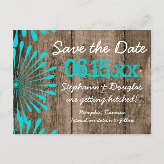 Rustic Barn Wood Blauwgroen Save the Date Briefkaa Aankondigingskaart (Voorkant)