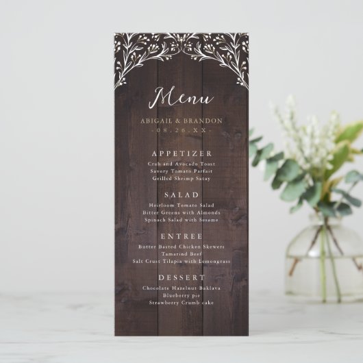 Rustic Barn Wood Boho Floral country Wedding Menu (Staand voorkant)