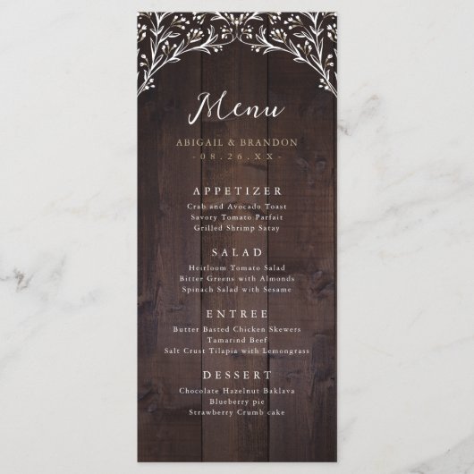 Rustic Barn Wood Boho Floral country Wedding Menu (Voorkant)