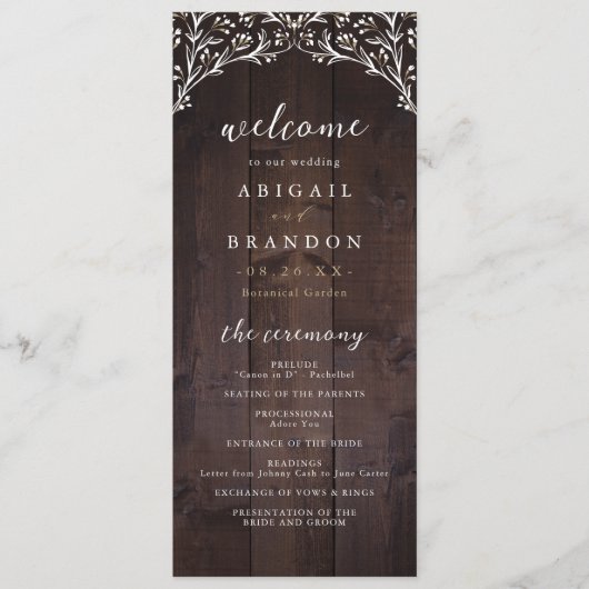 Rustic Barn Wood Boho Floral country Wedding Programmakaart (Voorkant)
