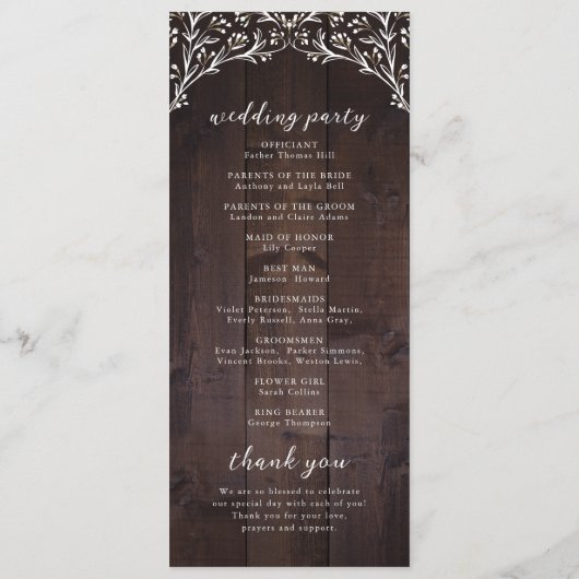 Rustic Barn Wood Boho Floral country Wedding Programmakaart (Achterkant)