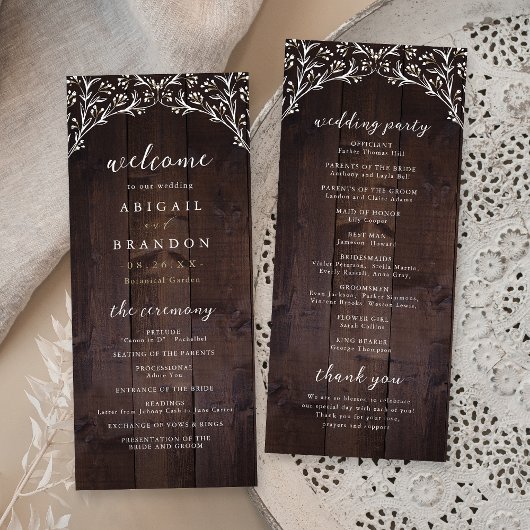 Rustic Barn Wood Boho Floral country Wedding Programmakaart