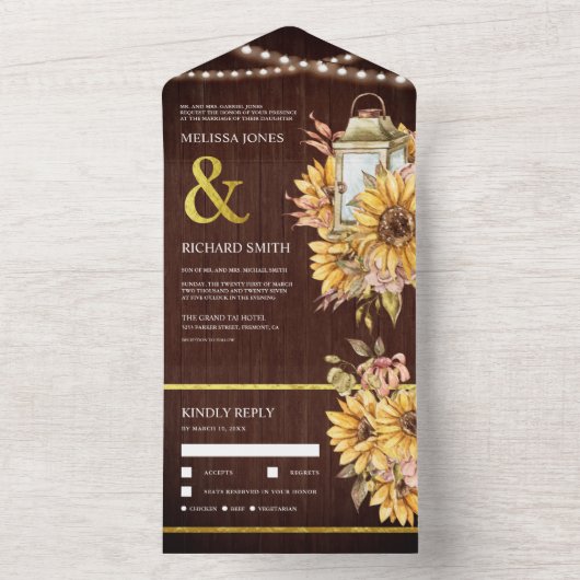 Rustic Barn Wood Boho Lantern Sunflower Weddenscha All In One Uitnodiging (Binnen)