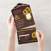 Rustic Barn Wood Boho Mason Jar Sunflower Wedding All In One Uitnodiging (Afscheurbaar)