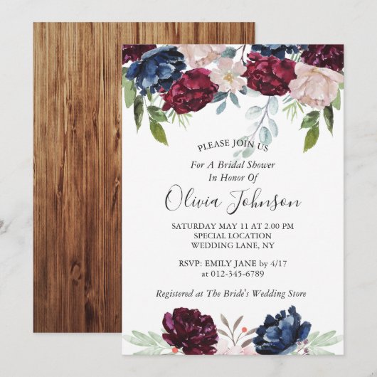 Rustic Barn Wood Burgundy Floral Vrijgezellenfeest Kaart (Voorkant / Achterkant)