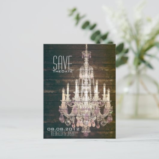 Rustic Barn Wood Chandelier bruiloft met uitzonder Aankondigingskaart (Staand voorkant)