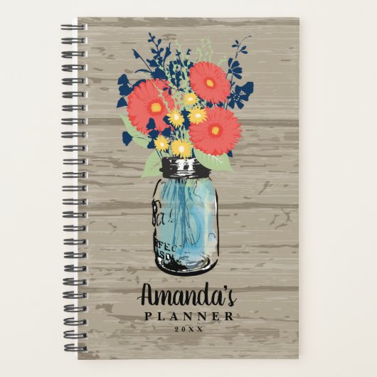 Rustic Barn Wood Coral Gerber Daisy Mason Jar Planner (Voorkant)
