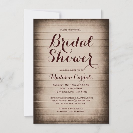Rustic Barn Wood Country Bridal Shower Invitations Kaart (Voorkant)