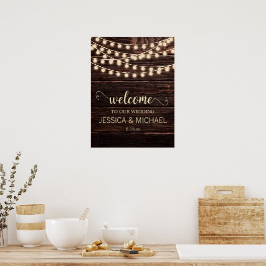 Rustic Barn Wood Country String Lights Wedding Poster (Keuken)