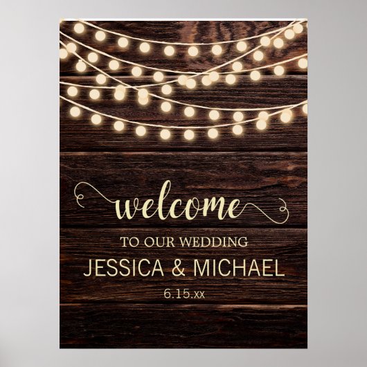 Rustic Barn Wood Country String Lights Wedding Poster (Voorkant)