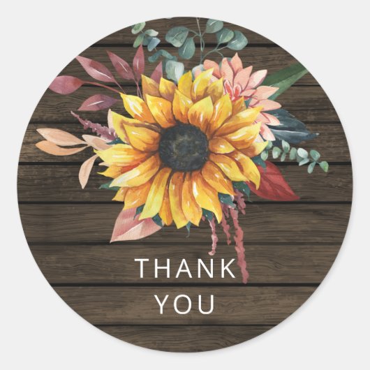 Rustic Barn Wood Country Sunflower Bedankt Ronde Sticker (Voorkant)