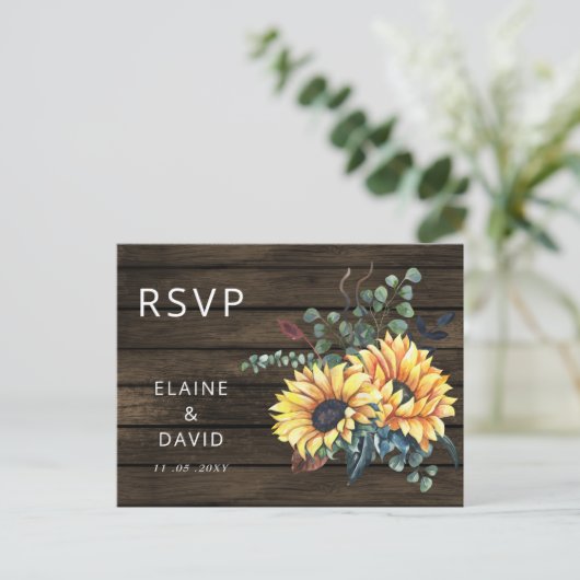 Rustic Barn Wood Country Sunflower RSVP Uitnodiging Briefkaart (Staand voorkant)