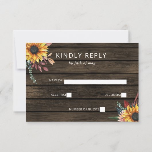 Rustic Barn Wood Country Sunflower Weddenschap RSVP Kaartje (Voorkant)