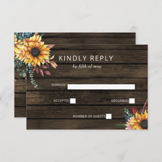 Rustic Barn Wood Country Sunflower Weddenschap RSVP Kaartje (Voorkant / Achterkant)