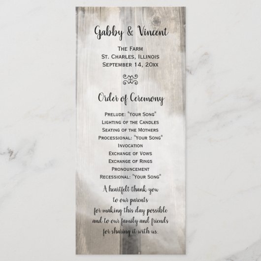 Rustic Barn Wood Country Wedding Programme Programmakaart (Voorkant)